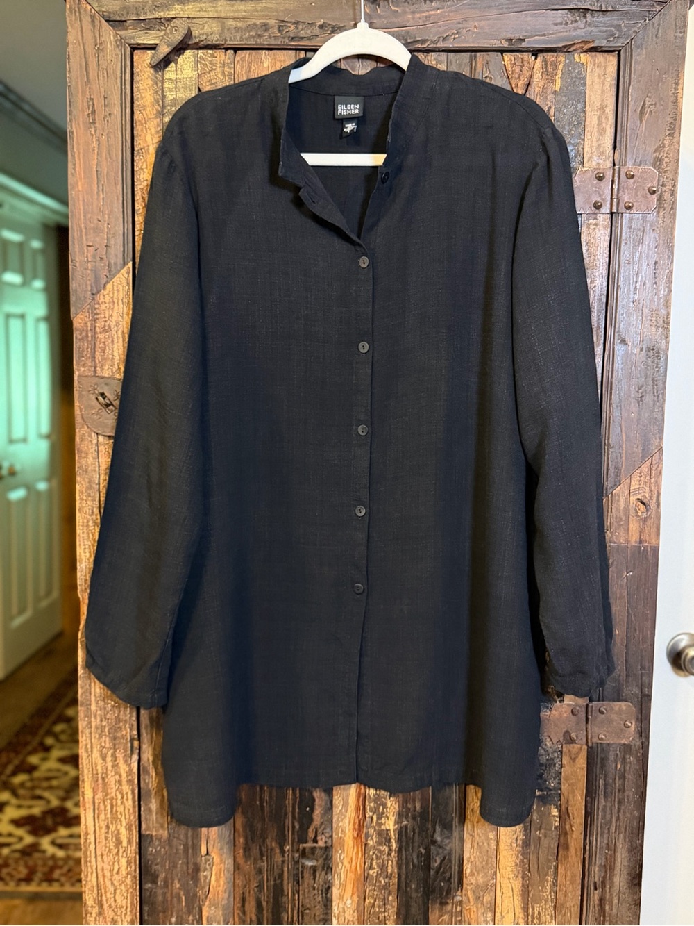 Eileen Fisher Black Linen Blend Long Tunic Shirt Button Front Lagenlook USA M/L